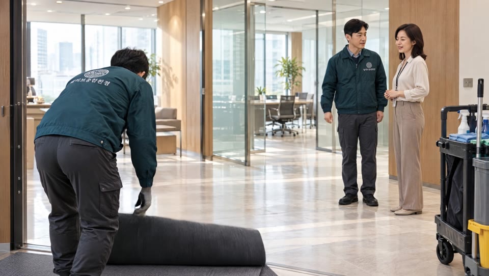 브랜드 작업복을 입고 입구 보양 매트를 준비하는 작업자